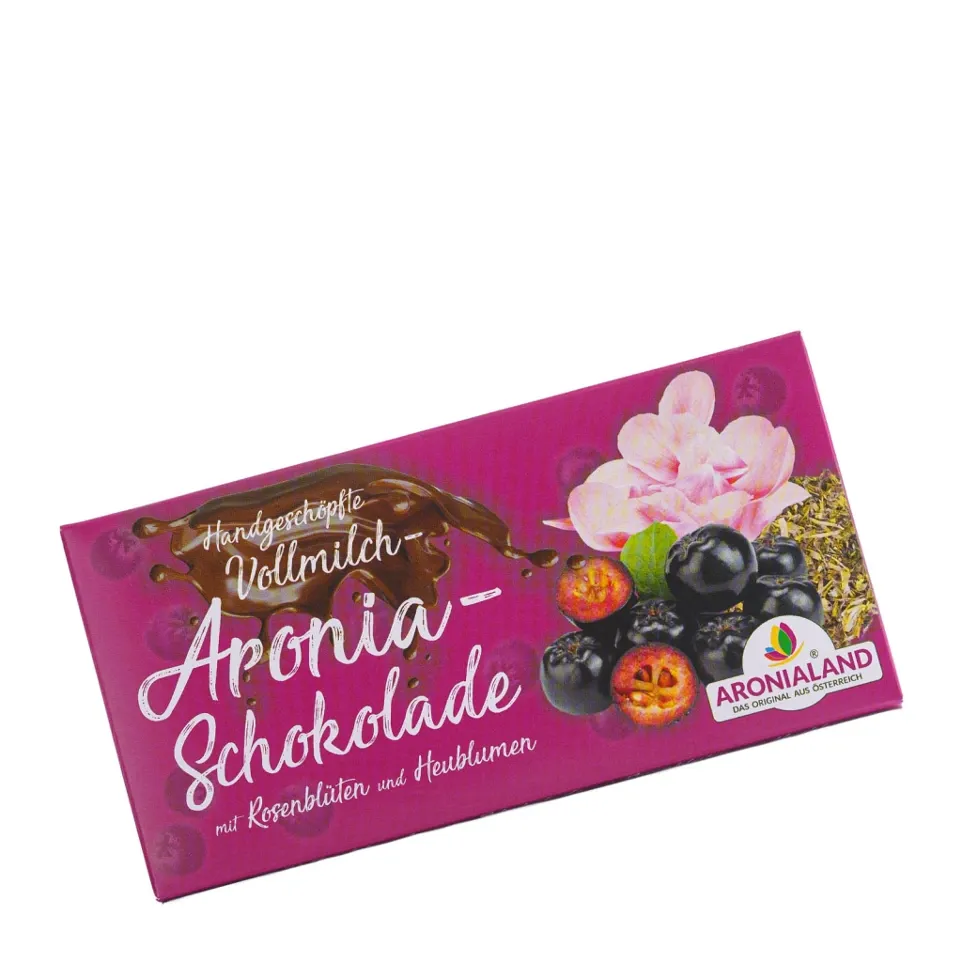 Handgeschöpfte Aronia Schokolade Zartbitter mit Rosenblüten und Heublumen 100g